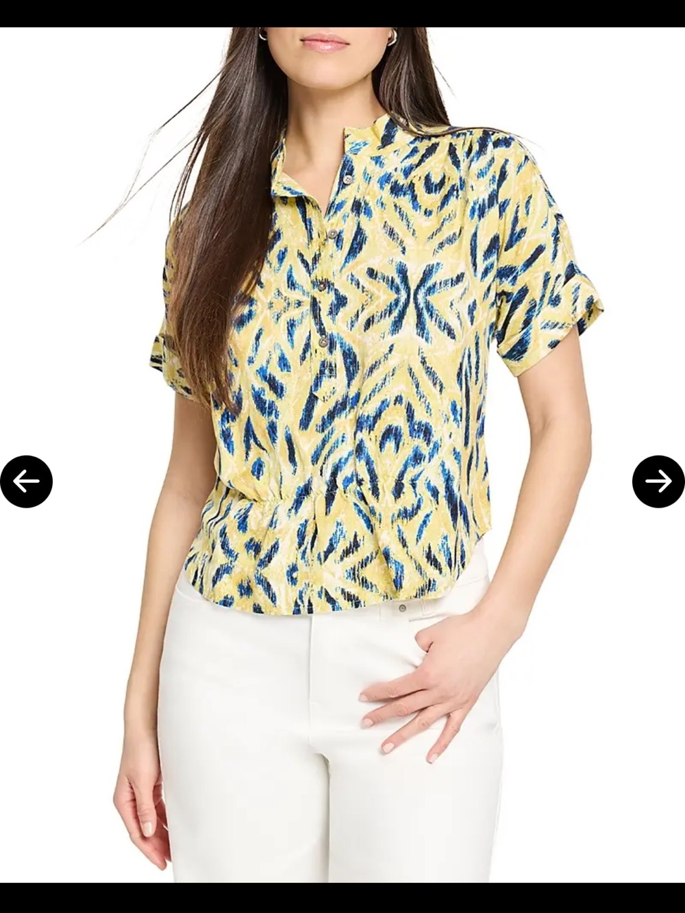 Nic + Zoe Sunny Skies Linen Blend Woven Top in Yellow and Blue Multi Print - L